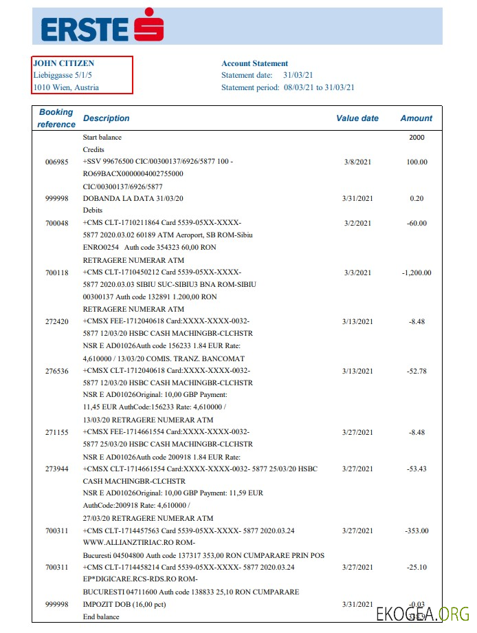Relevé bancaire Autriche Erste Group modèle facile à remplir au format Excel et PDF